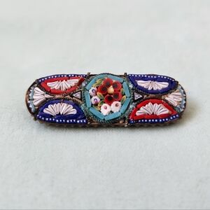 Vintage Antique 1940s Micro Mosaic Colorful Floral Italy Brooch Red Blue Copper